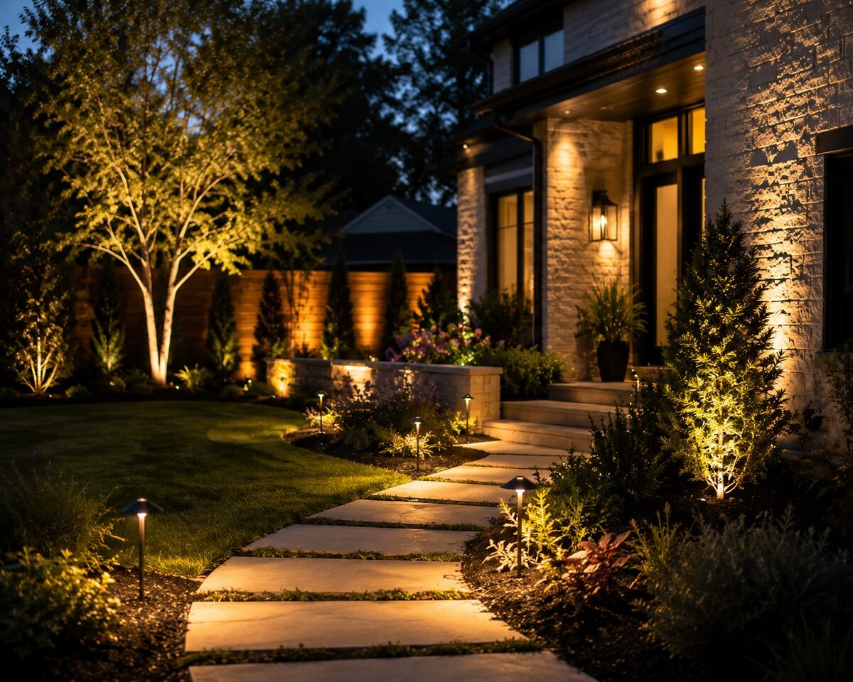 Landscape and accent lighting installed along a walkway in Encinitas, CA